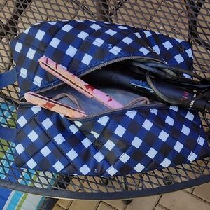 Blue and White Checkered Tuck Lug Bag For Iron Hair Utensils